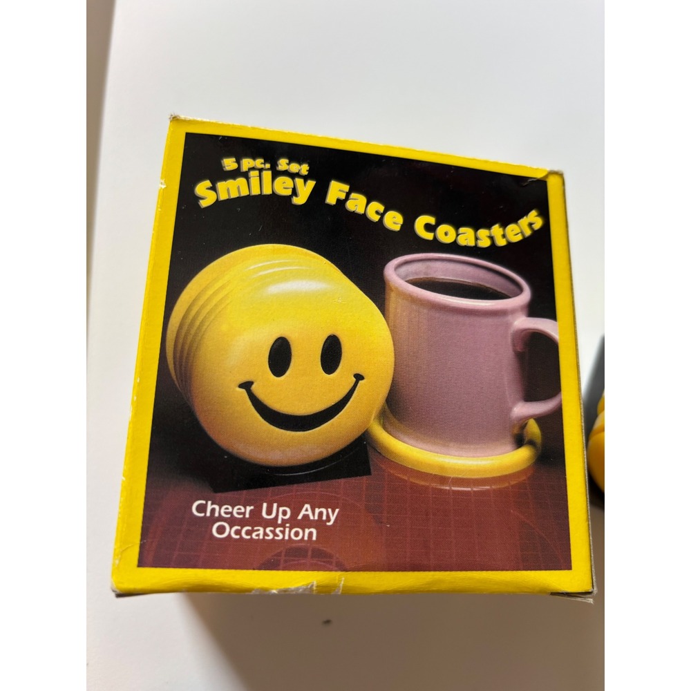 Vintage JSNY Smiley Face Coasters 5 Piece Set Yellow Plastic Retro Decor 2875